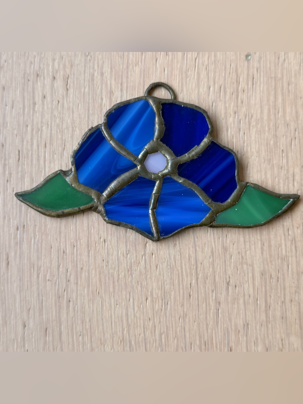 Stained Glass Blue Flower Hanging Accent - Green Leaves Sun Catcher.